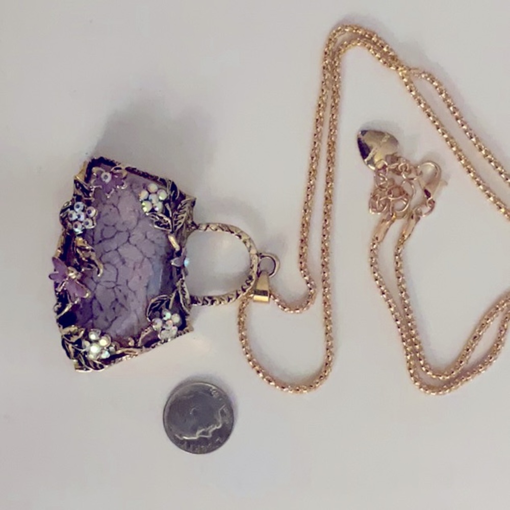 Unique Lavender Pocketbook Pendant W/Gold and Rhinestone and Glass Necklace